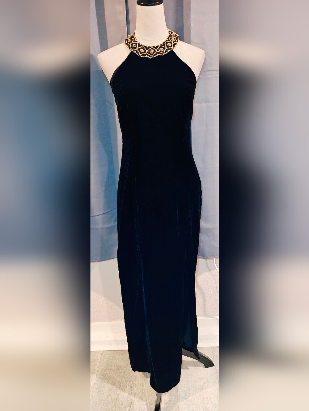 Vtg Niki Originals Black Velvet Halter Dress w Open Back & Heavily Beaded Neck
